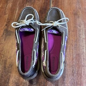Sperry Plaid and Leather Angelfish Boat Shoe Size 9.5 Gray And Purple Plaid